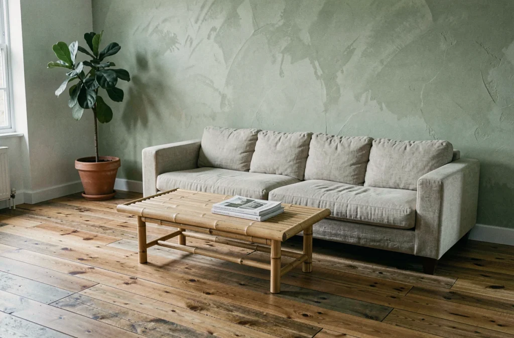 Salon rénové avec des matériaux durables incluant parquet en bois recyclé, plâtre à la chaux et mobilier en bambou