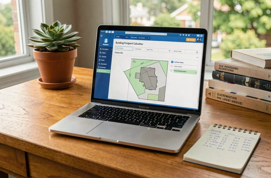 Simulateur en ligne de calcul d'emprise au sol affiché sur un ordinateur portable dans un bureau à domicile