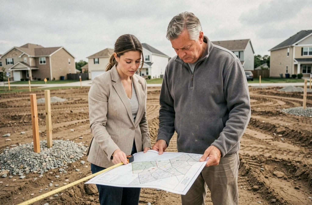 Deux urbanistes mesurant l'emprise au sol d'une parcelle constructible en milieu périurbain