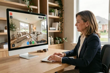 Professionnelle de l'immobilier utilisant une visite virtuelle 360° lamaison360 pour une location saisonnière haut rendement sur ordinateur de bureau
