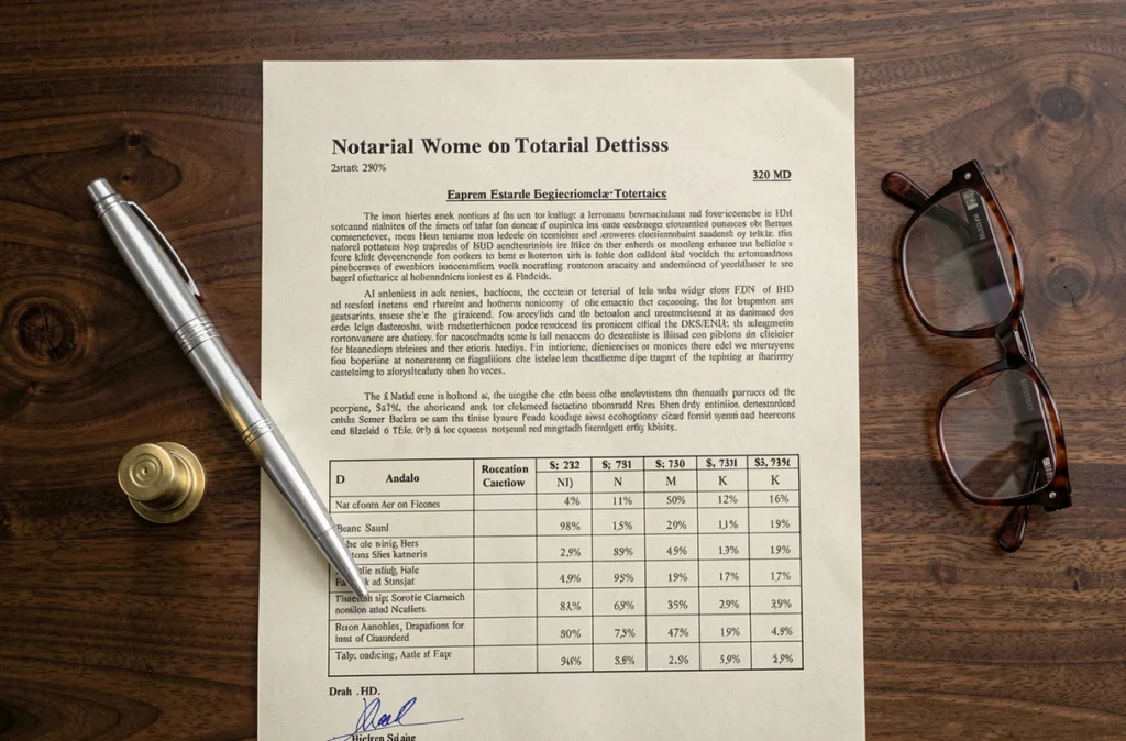Acte notarié de viager avec barème de calcul des frais et tampon officiel sur bureau en bois