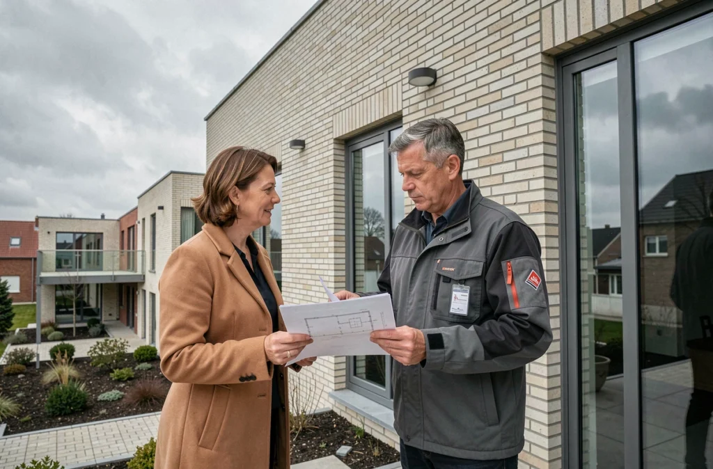 Les architectes de l'Agence Briquet-Behaegel devant un projet architectural achevé en brique contemporaine dans les Hauts-de-France