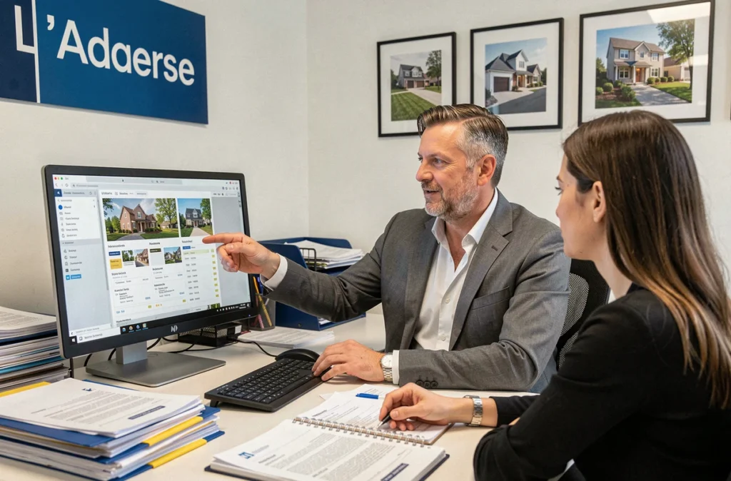 Agent de L'Adresse en consultation avec une cliente devant des annonces immobilières sur écran