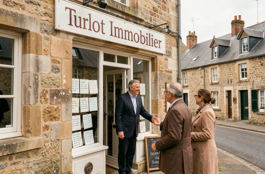 Agent de l'Agence Immobilière Turlot accueillant des clients devant sa devanture dans l'Eure
