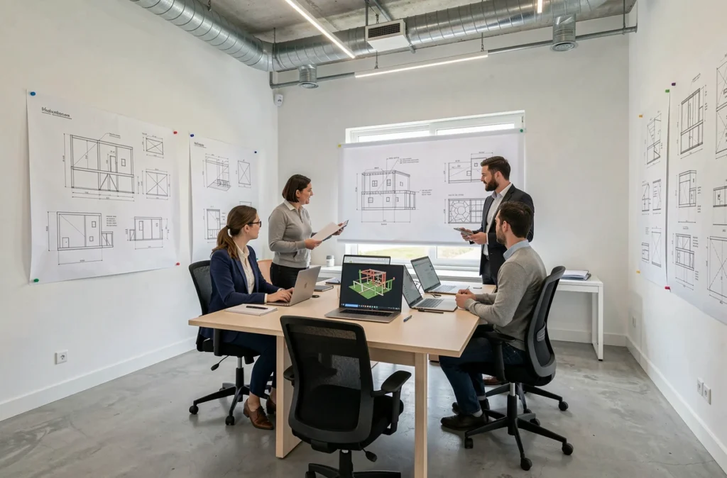 Équipe pluridisciplinaire en réunion de maîtrise d'œuvre autour de plans techniques dans un bureau d'architecture du Gard
