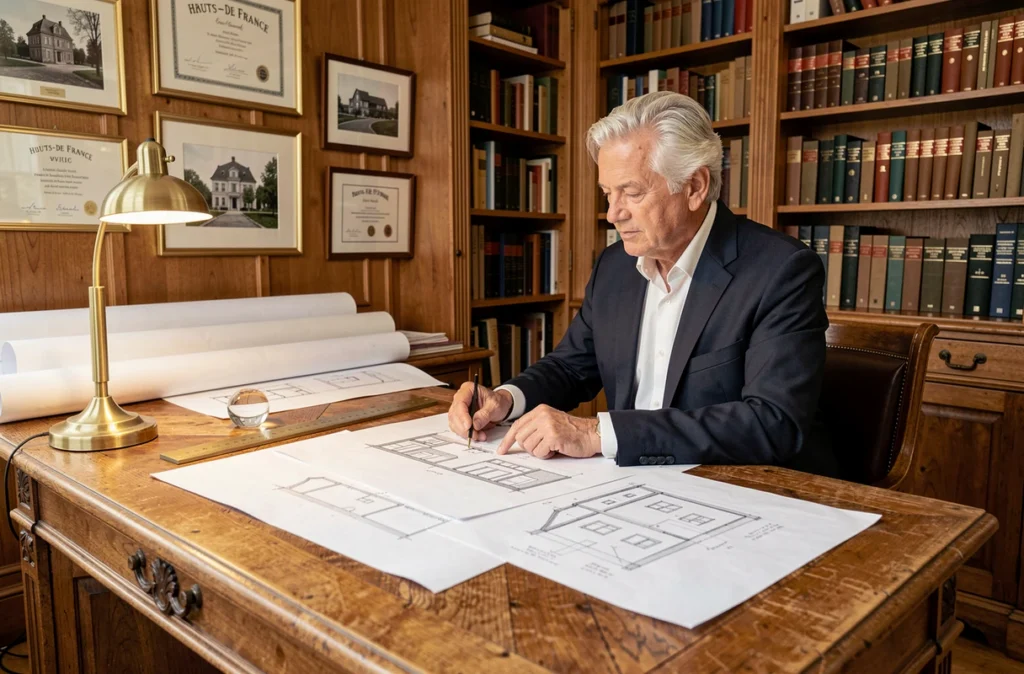 Architecte senior du Cabinet Dransart dans son bureau traditionnel, examinant des plans architecturaux dessinés à la main