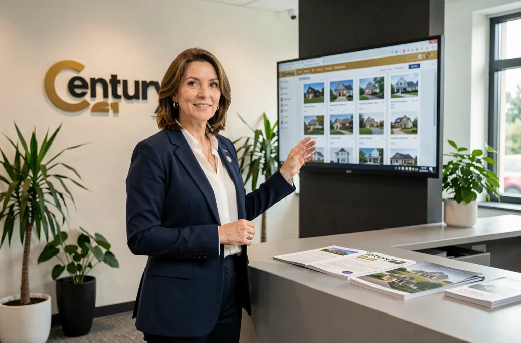 Agente immobilière Century 21 Harmony dans son bureau avec les logos de l'enseigne visibles