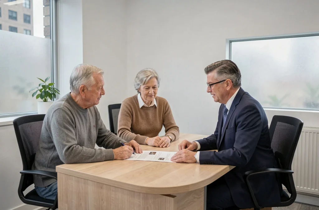 Couple de seniors signant un acte de viager chez le notaire avec conseils professionnels