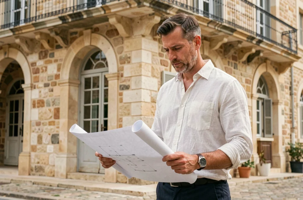 Architecte spécialisé en patrimoine devant un bâtiment en pierre restauré à Uzès dans le Gard