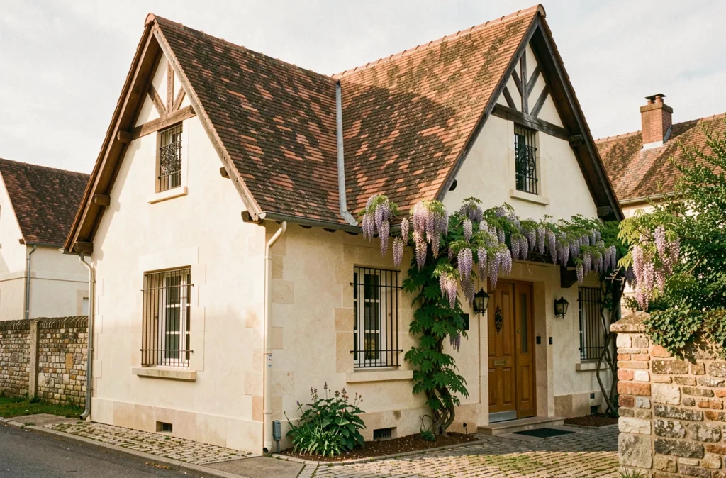 Maison traditionnelle Demeures Côte d'Argent en Île-de-France avec toit en tuiles, colombages et glycine en façade