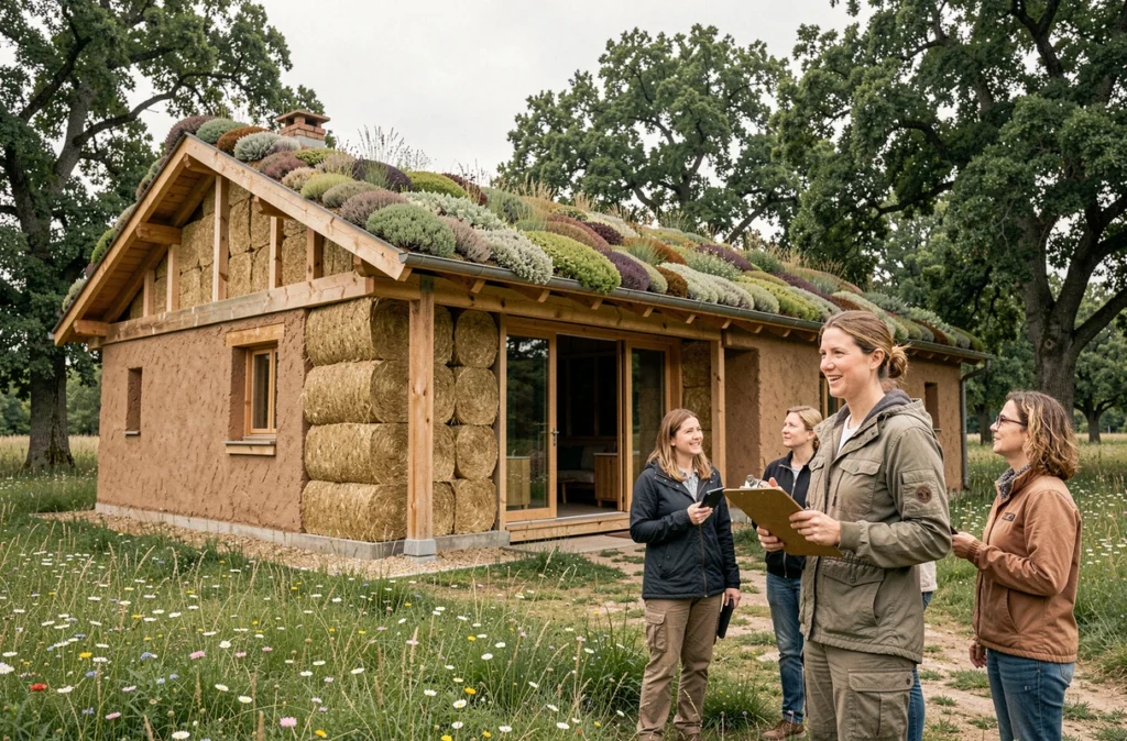 Bâtiment écologique en pisé et bois biosourcé avec toiture végétalisée dans le Gard lors d'une visite de chantier