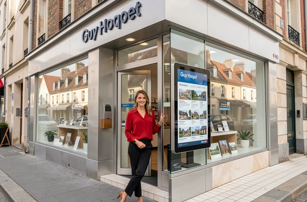 Agente Guy Hoquet devant la vitrine digitale de l'agence dans une ville de l'Eure