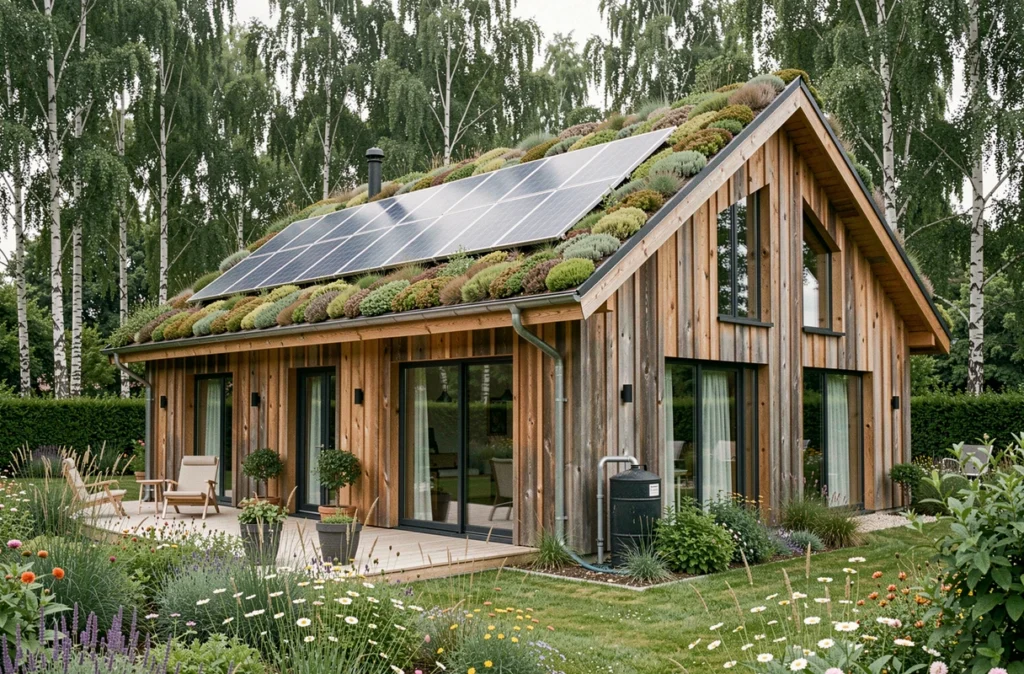 Maison écoresponsable Habitat Concept en Île-de-France avec toit végétalisé, panneaux solaires et bois de récupération