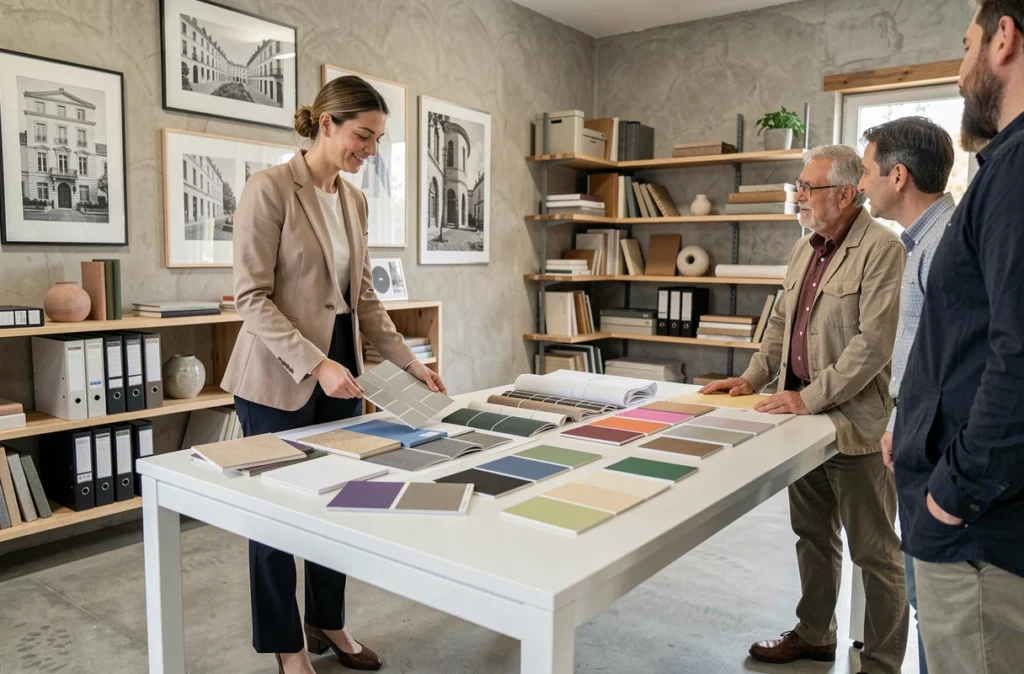 Architecte d'intérieur présentant des échantillons de matériaux à des clients dans un studio de décoration à Mons dans le Gard