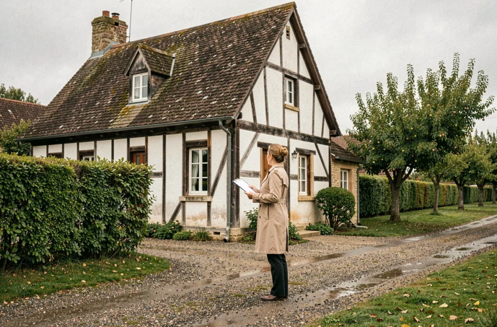 Agente de L'Immobilière Normande évaluant une maison à colombages typique de l'Eure