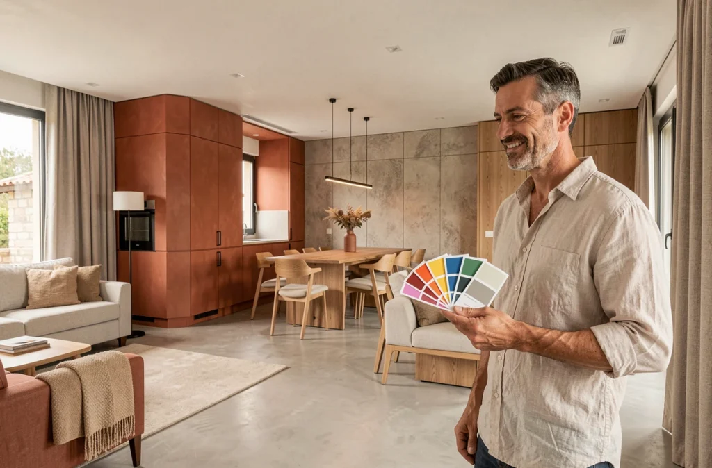 Intérieur contemporain réaménagé à Alès par un designer, avec sols en microciment, menuiseries sur mesure et palette terracotta et chêne