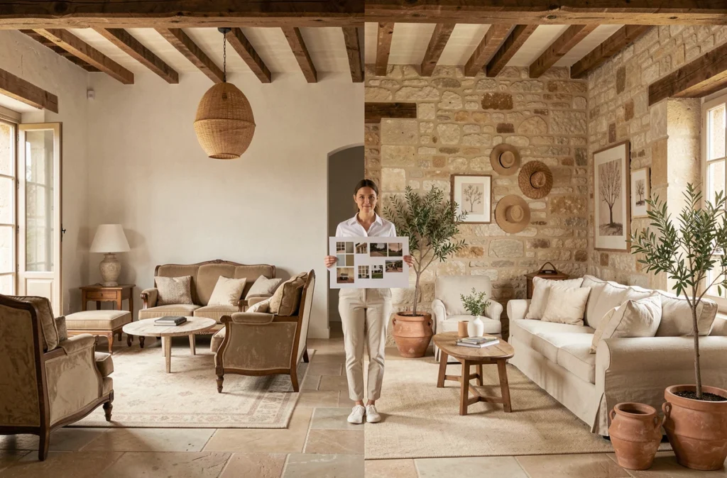 Transformation home staging d'un intérieur de maison en pierre dans le Gard avec contraste avant-après entre espace daté et décoration contemporaine épurée