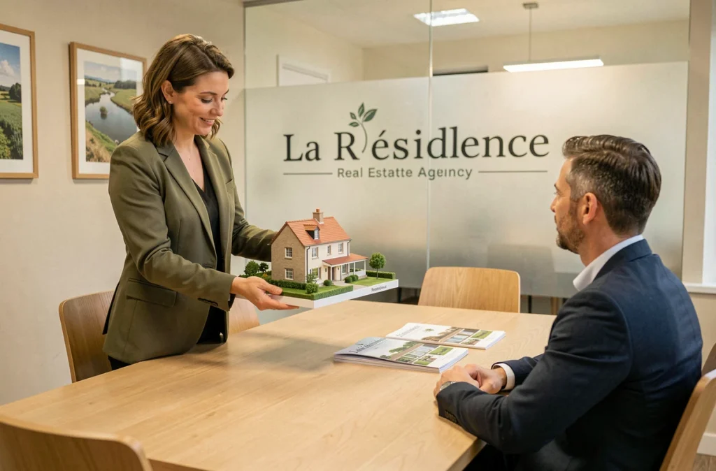 Agente de La Résidence présentant une maquette de propriété à un client dans l'Eure