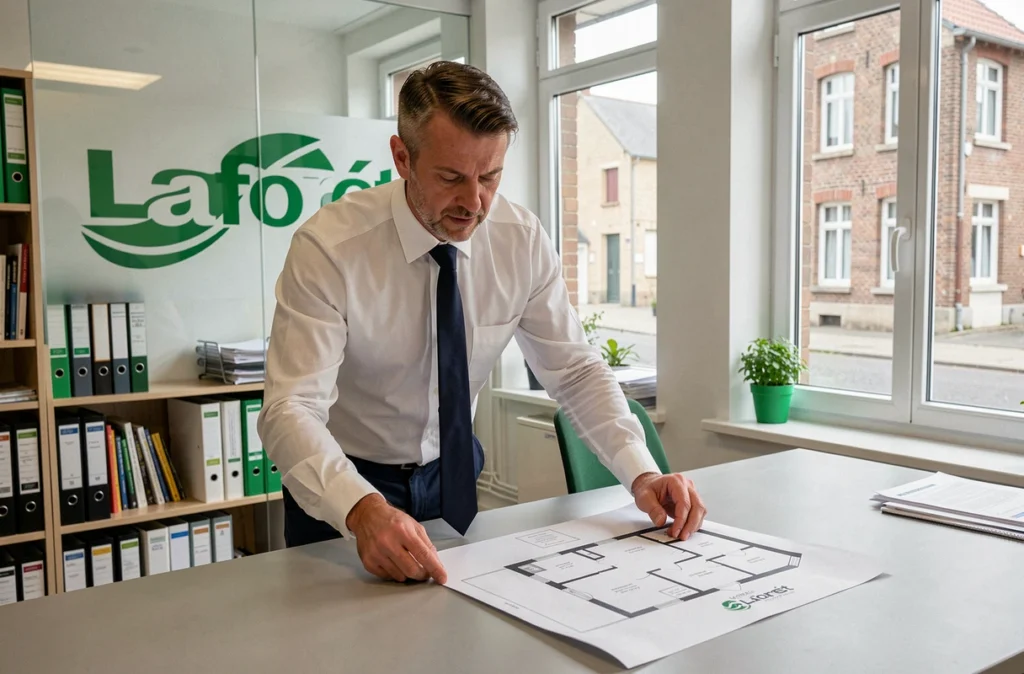 Agent Laforêt étudiant un plan de bien immobilier dans son bureau normand