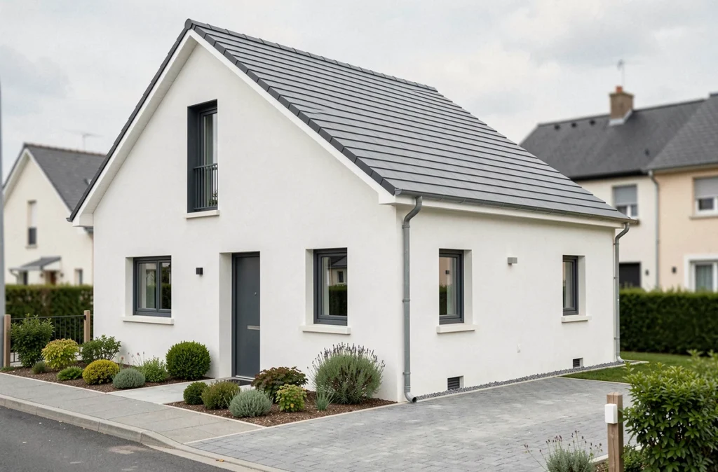 Maison individuelle personnalisable Les Maisons.com à prix accessible avec façade blanche et menuiseries anthracite