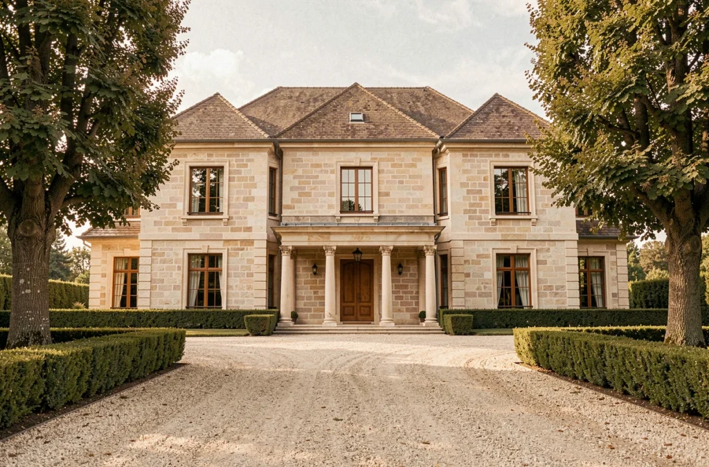 Maison haut de gamme sur mesure Maisons Berval avec façade en pierre calcaire et portique d'entrée élégant