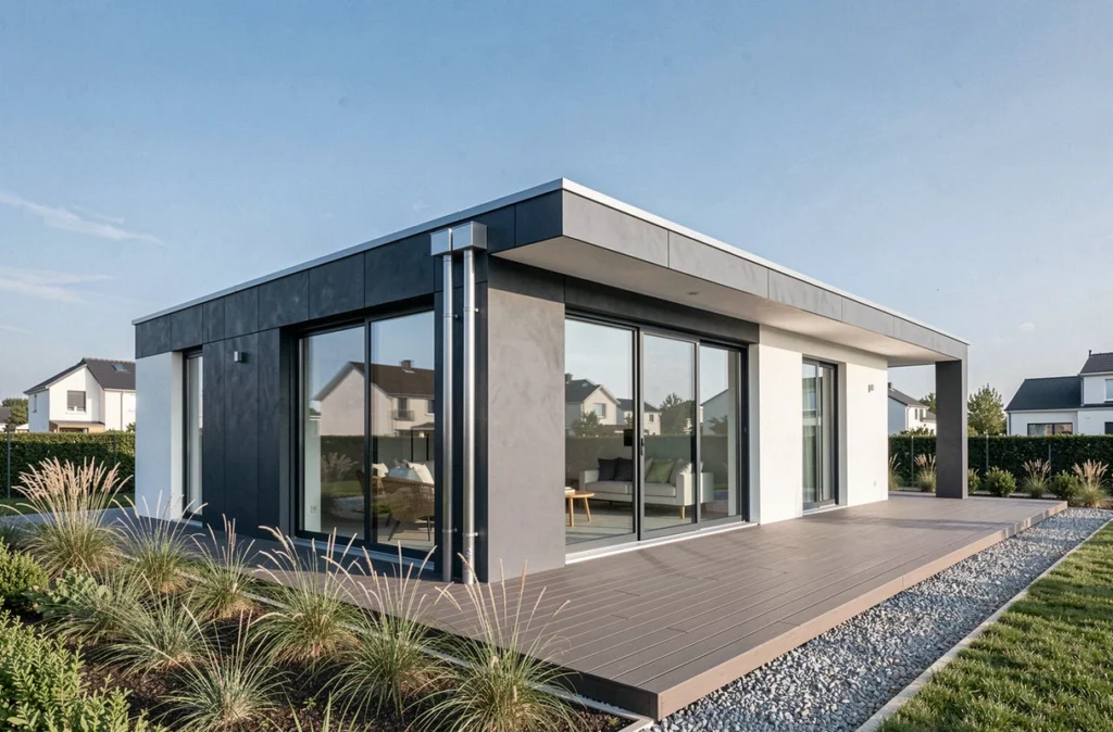 Maison contemporaine Maisons Evolution en Île-de-France avec façade grise, baies vitrées et terrasse bois composite