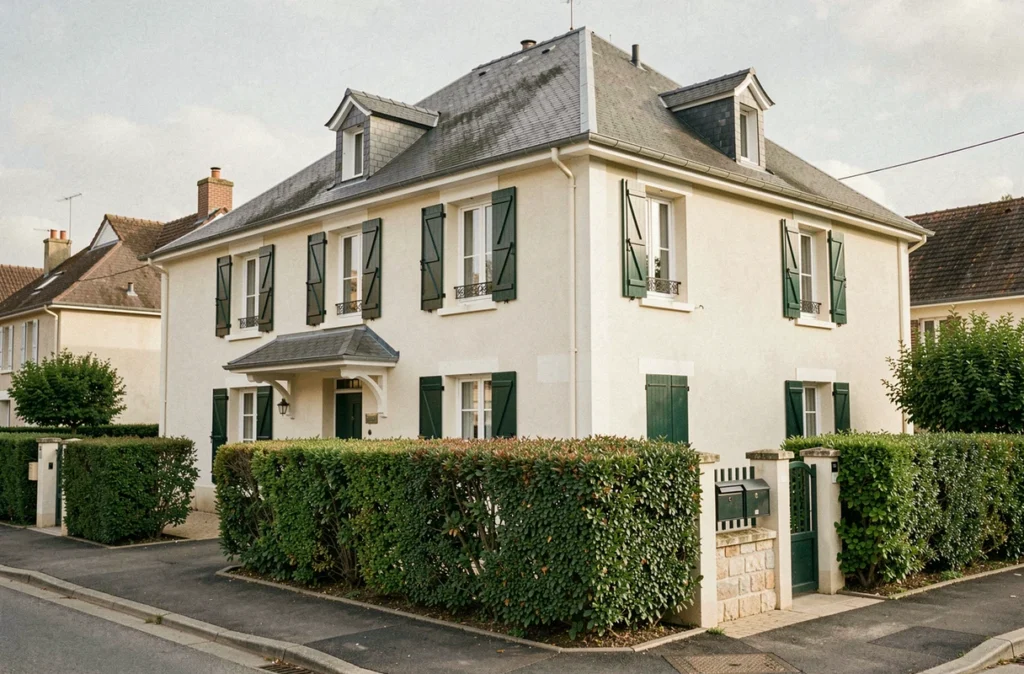 Maison individuelle traditionnelle Maisons France Confort avec toit en ardoise et volets verts en Île-de-France
