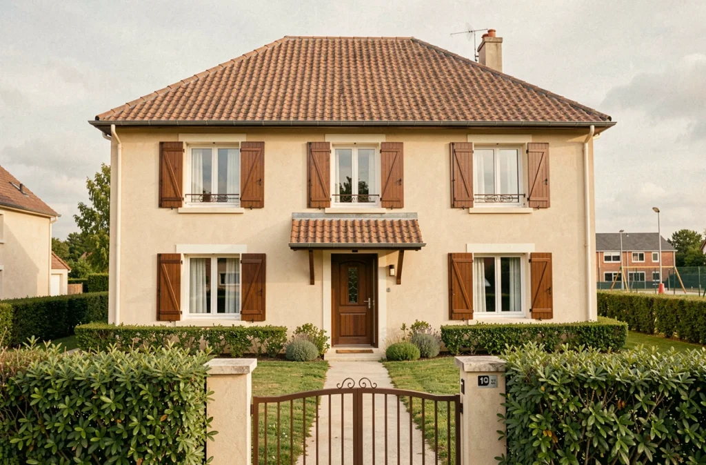 Maison individuelle grand public Maisons Pierre avec facade beige, volets marron et toit en tuiles traditionnelles