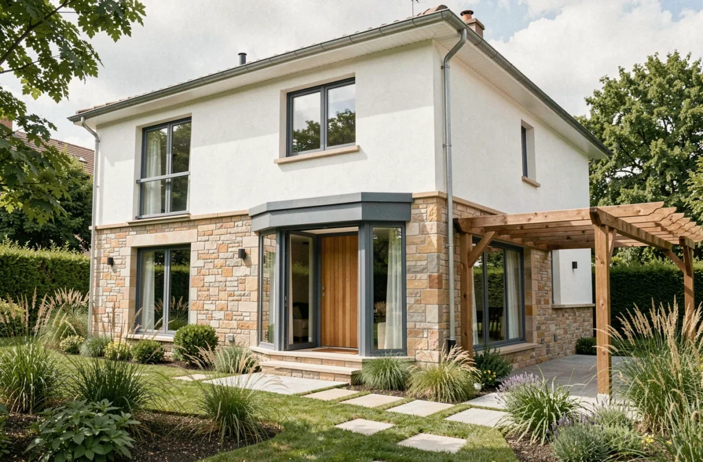 Maison sur mesure Maisons Sésame en Île-de-France avec façade en pierre et baies vitrées personnalisées