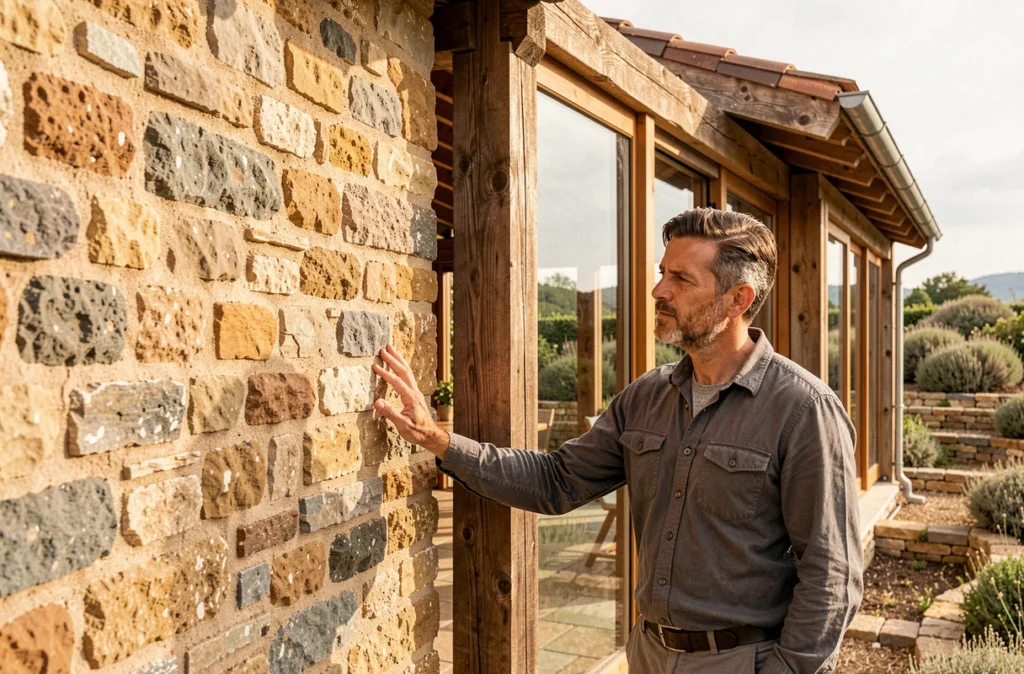 Rénovation et extension d'une mas en pierre du Gard rhodanien avec jonction entre bâti ancien et extension contemporaine en bois et verre
