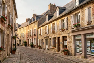 Vue d'une rue normande typique avec vitrines d'agences immobilières dans l'Eure