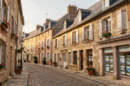 Vue d'une rue normande typique avec vitrines d'agences immobilières dans l'Eure
