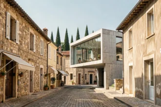 Vue d'ensemble d'une rue du Gard mêlant architecture patrimoniale en pierre et ajouts contemporains en verre et béton