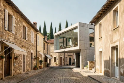 Vue d'ensemble d'une rue du Gard mêlant architecture patrimoniale en pierre et ajouts contemporains en verre et béton
