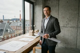 Architecte professionnel dans un studio moderne des Hauts-de-France, tenant des plans avec vue sur la skyline urbaine