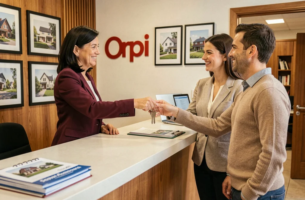 Agente Orpi remettant les clés d'un bien immobilier à un couple de nouveaux propriétaires