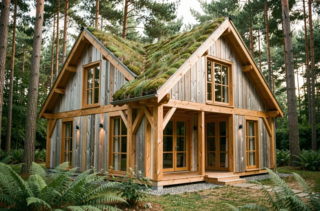 Maison en bois Ossabois en Île-de-France avec ossature bois, bardage en mélèze et toit végétalisé en lisière de forêt