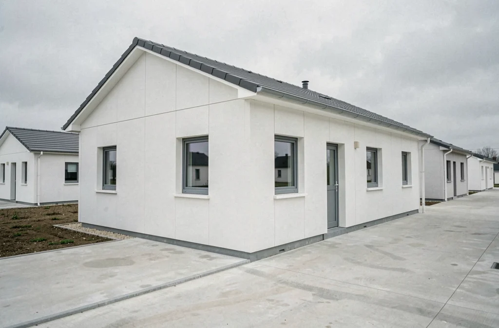 Maison industrialisée Phénix Habitat en Île-de-France avec panneaux modulaires blancs dans un lotissement résidentiel