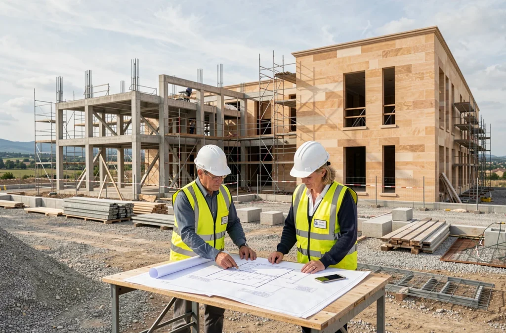 Deux architectes étudiant les plans d'un projet d'envergure en chantier près de Villeneuve-lès-Avignon