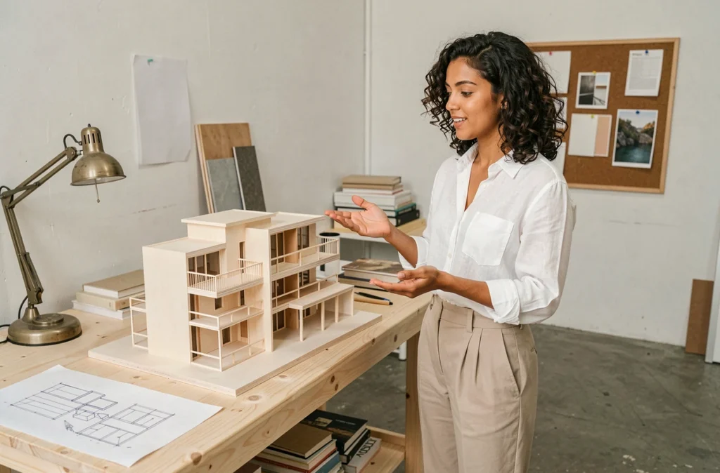 Architecte de l'Atelier Belmonte présentant une maquette de projet résidentiel contemporain dans son atelier