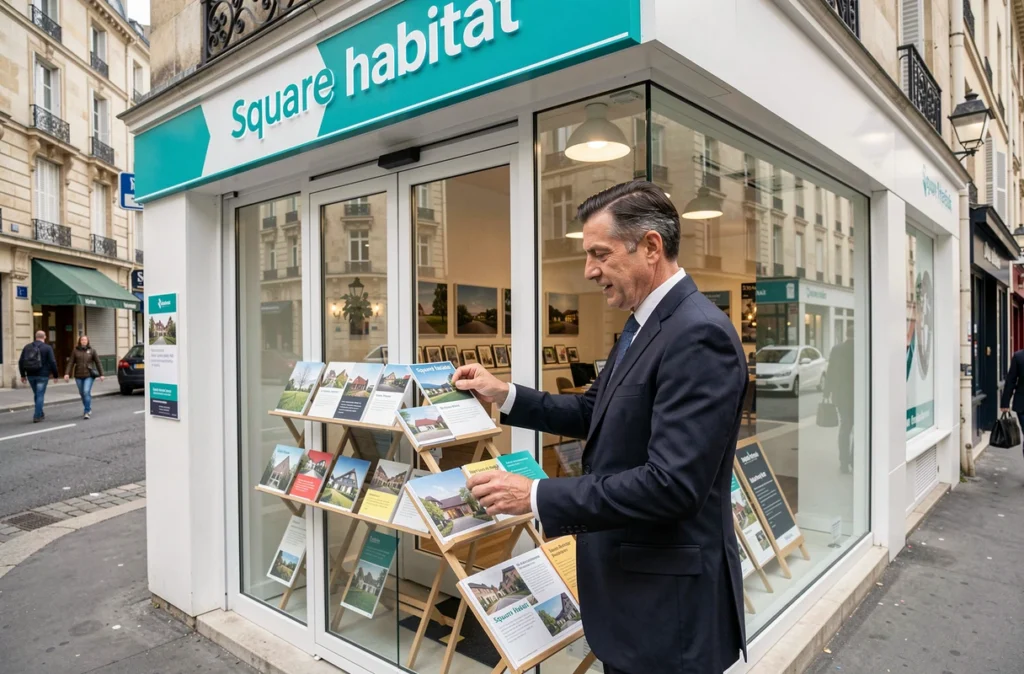 Vitrine de l'agence Square Habitat avec un agent arrangeant les annonces immobilières