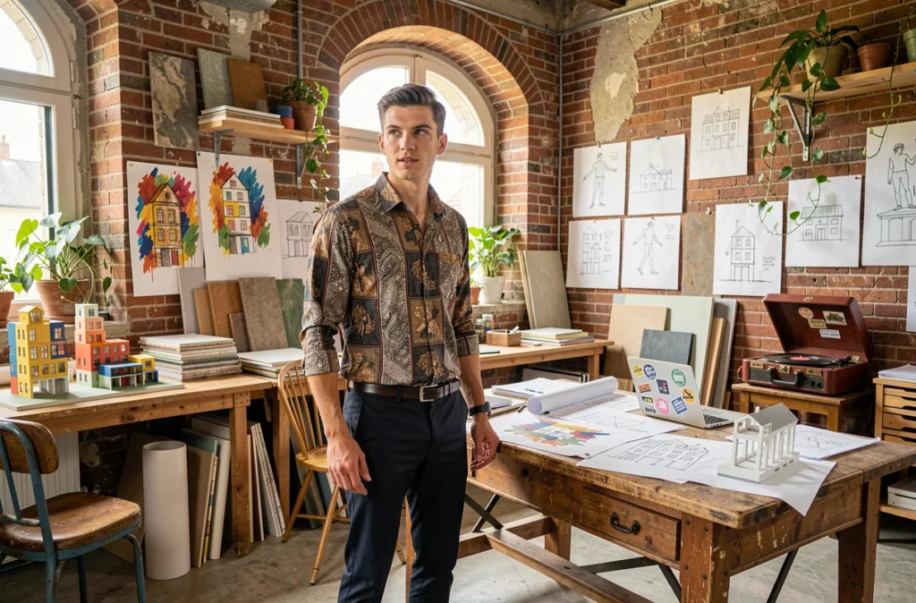 Jeune architecte créatif de Studio Bonkers dans son atelier coloré et expérimental à l'atmosphère artistique