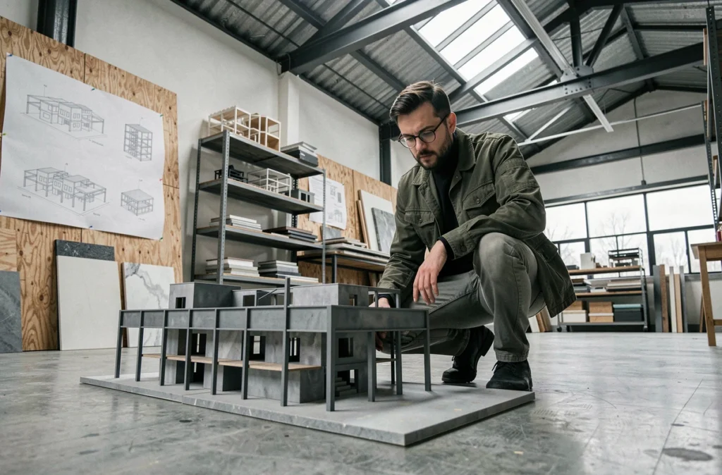 Architecte de Tank Architectes inspectant une maquette de réhabilitation industrielle dans un studio de style entrepôt