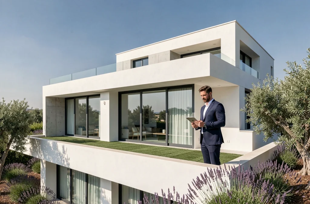 Architecte présentant un projet de conception contemporaine devant une maison moderne à Nîmes