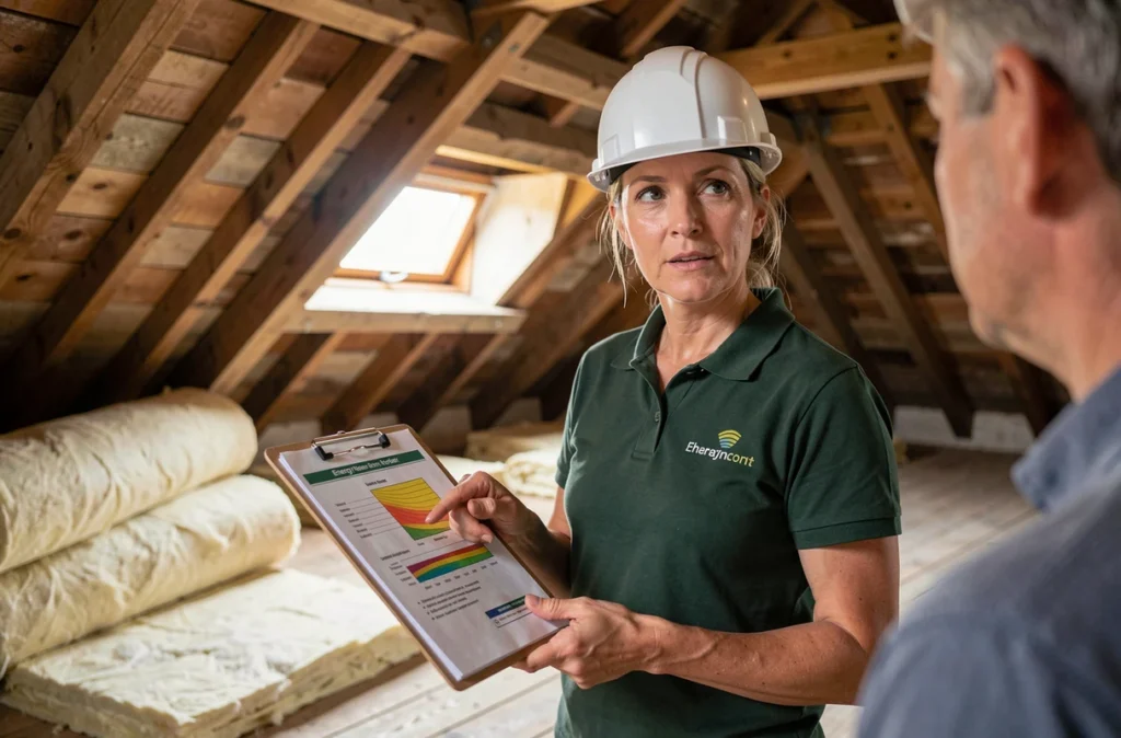 Conseillère en rénovation énergétique inspectant l'isolation d'un grenier dans une maison rurale en Nouvelle-Aquitaine