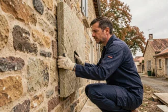 Technicien en rénovation énergétique installant des panneaux d'isolation thermique sur une maison en pierre en Nouvelle-Aquitaine