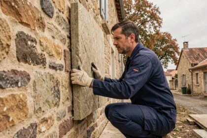 Technicien en rénovation énergétique installant des panneaux d'isolation thermique sur une maison en pierre en Nouvelle-Aquitaine